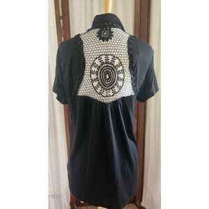 C39 Ever Blue knit open front cardigan, black with lace inset in back